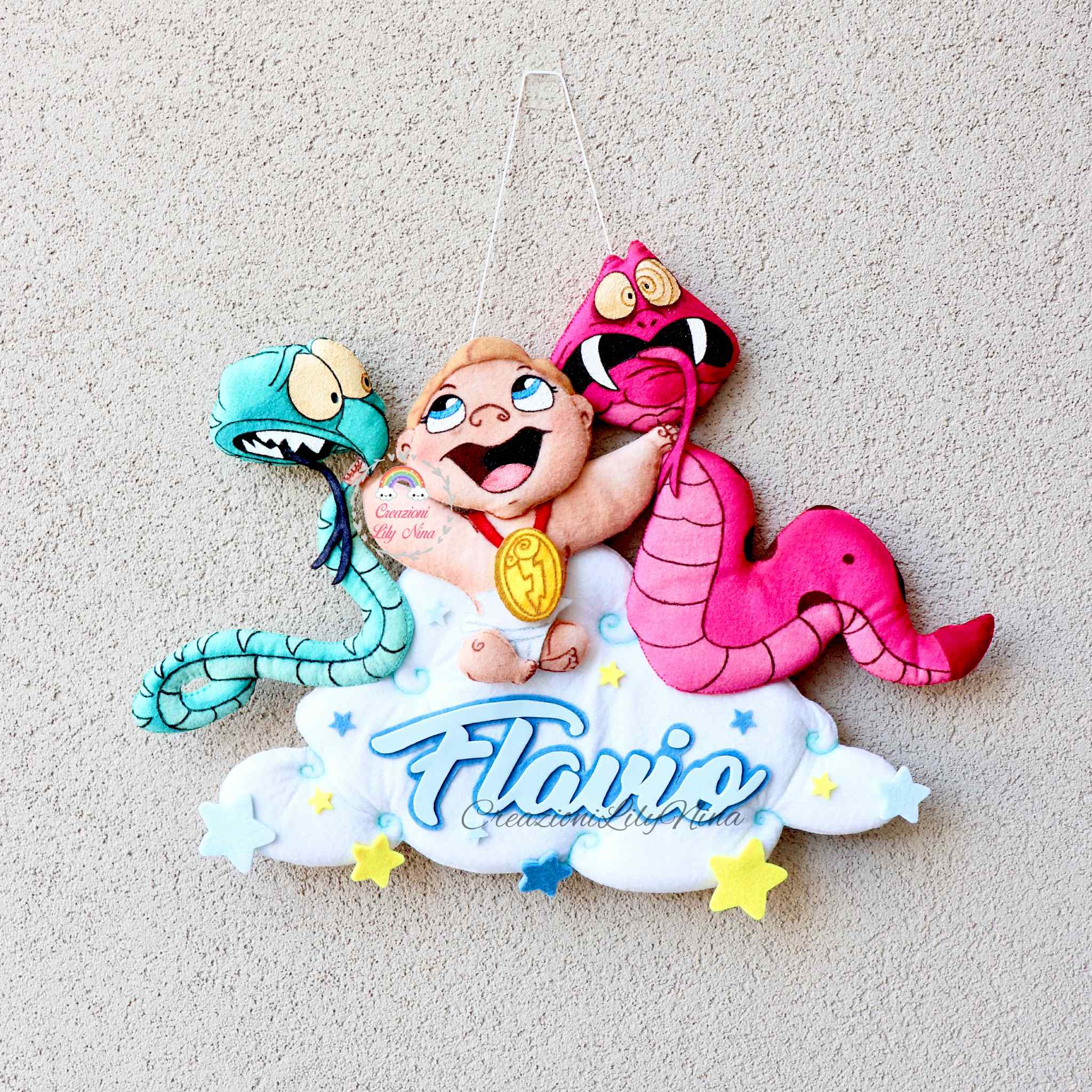 Fiocco nascita Hercules con nome Flavio in feltro pannolenci 