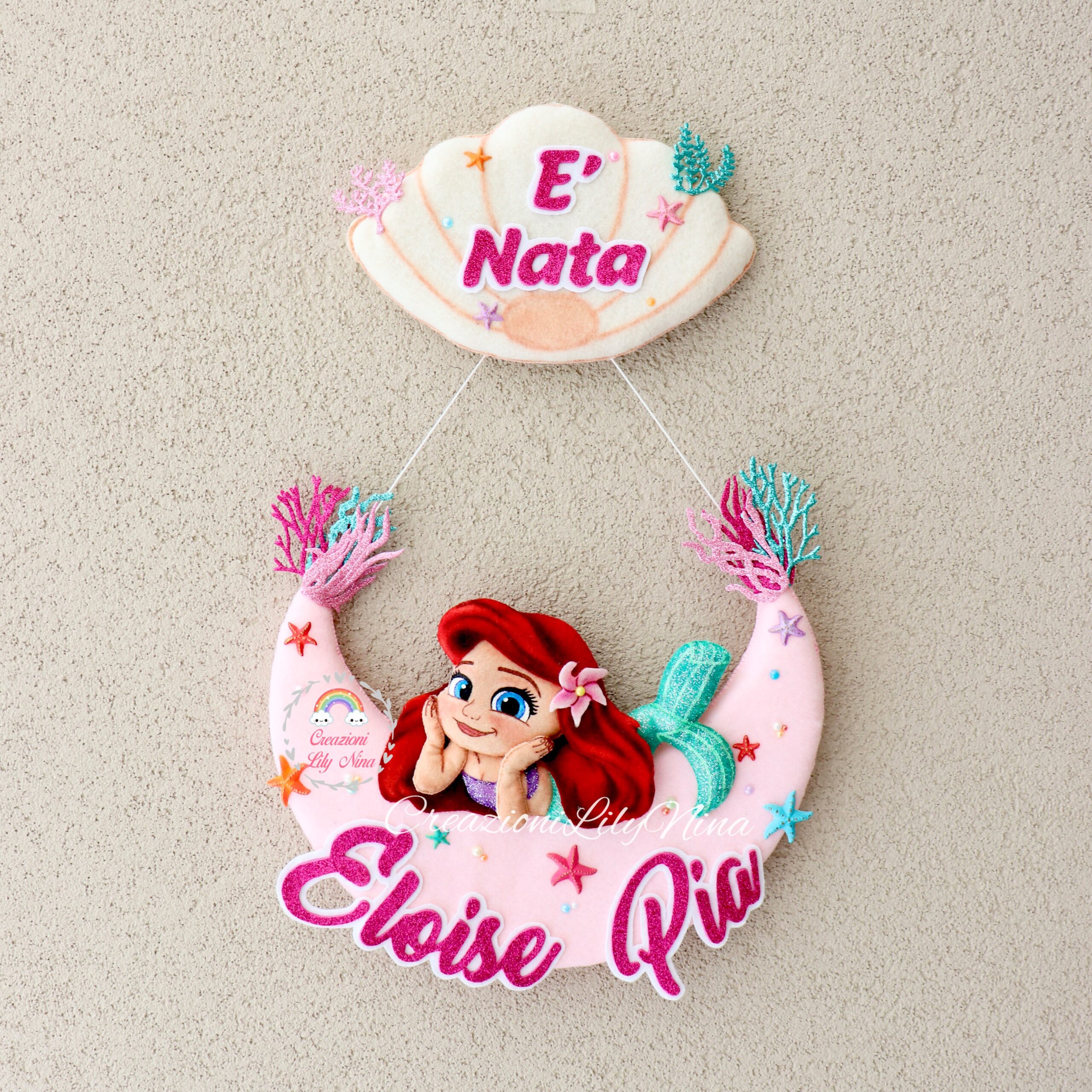 Fiocco nascita Sirenetta Ariel fatto a mano, idee regalo