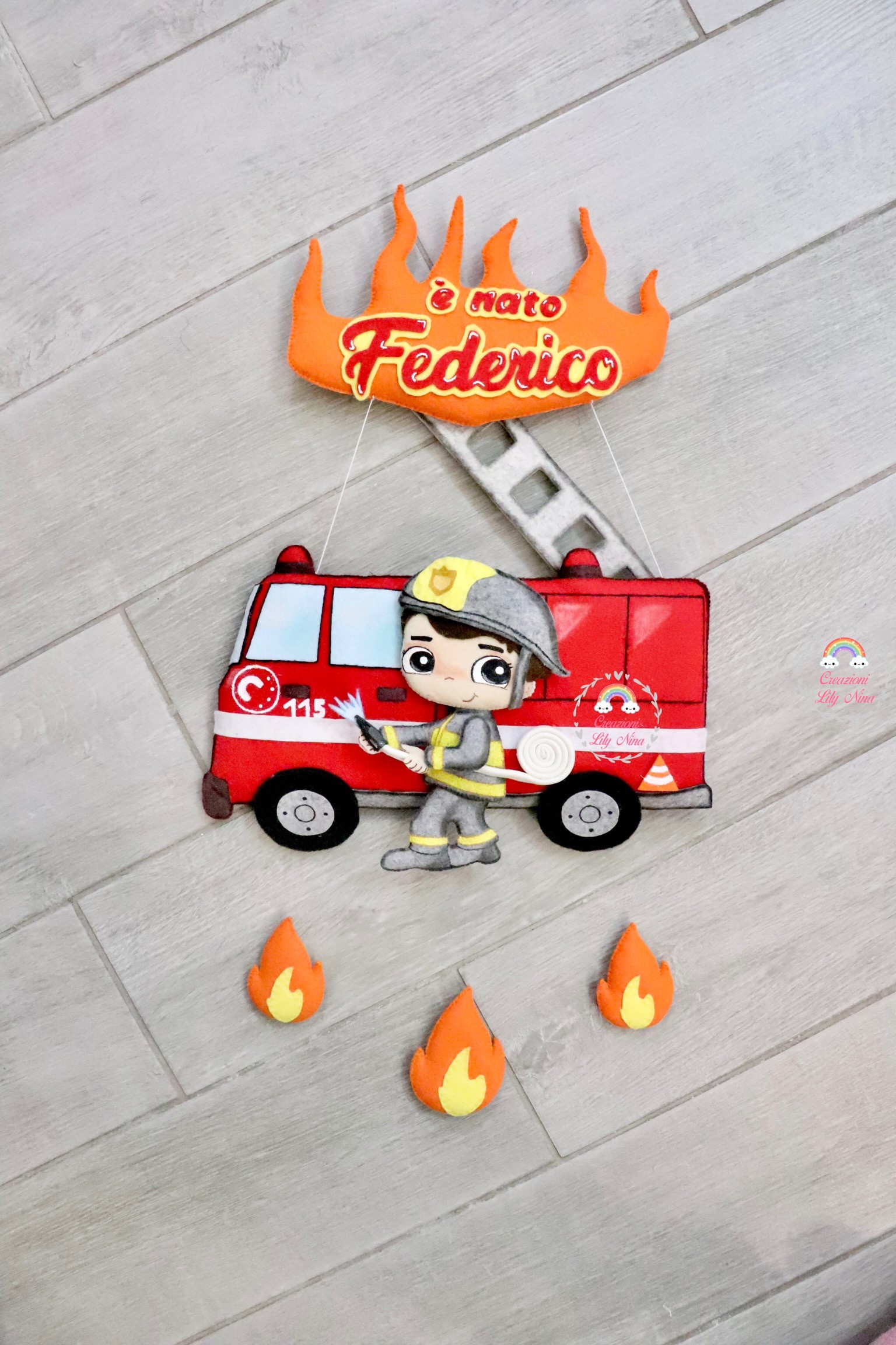 Fiocco nascita personalizzato a tema pompiere con nome Federico