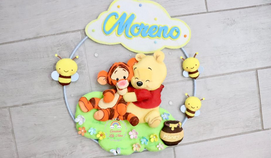 Fiocco nascita Winnie The Pooh e Tigro personalizzato con nome Moreno