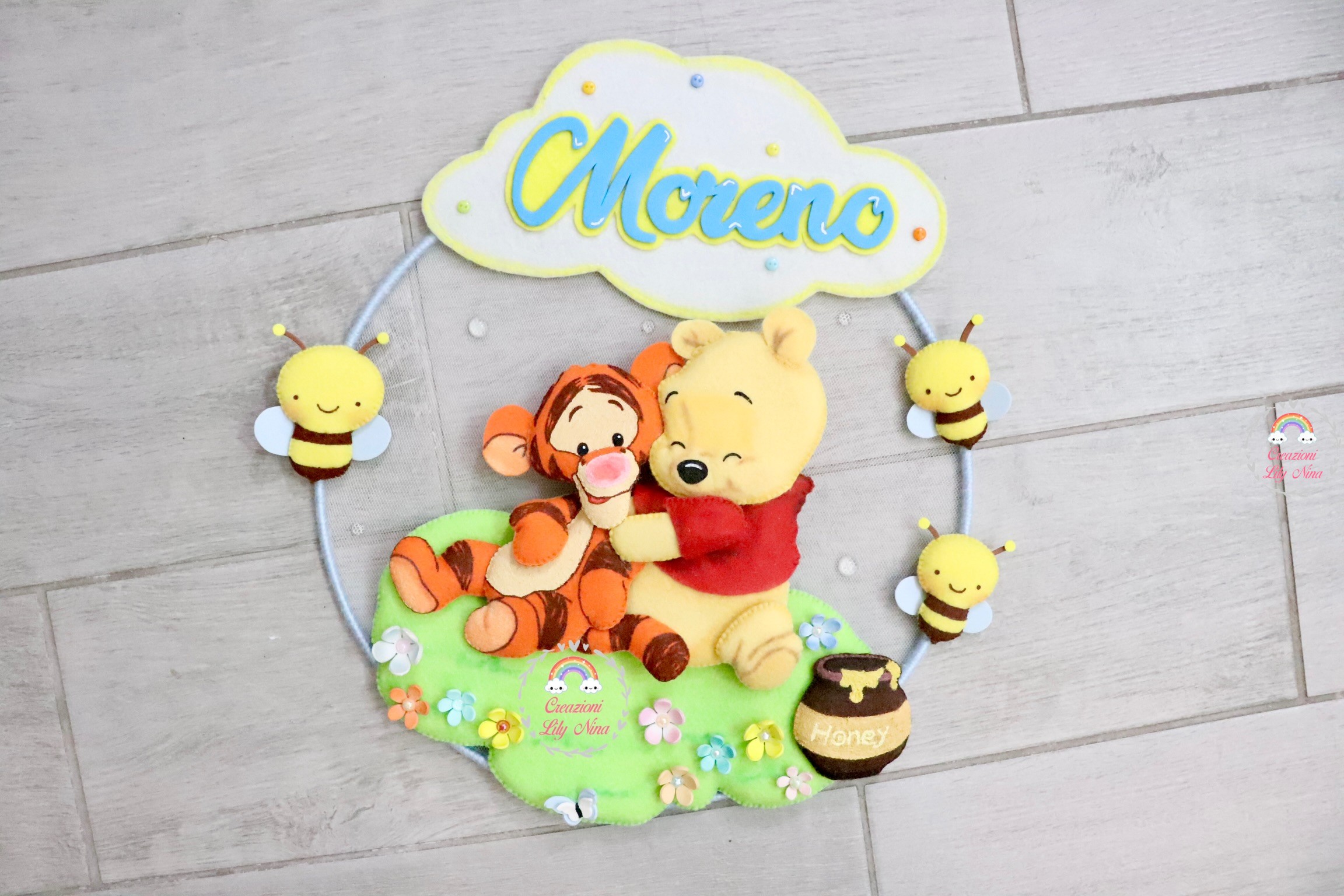 Fiocco nascita Winnie The Pooh e Tigro personalizzato con nome Moreno