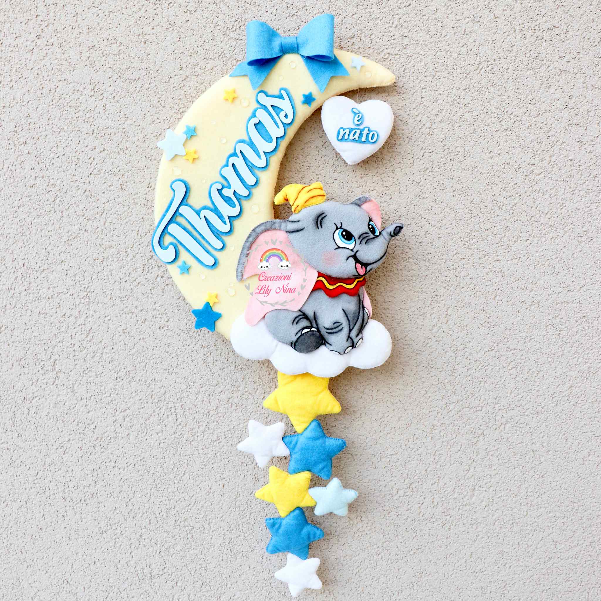 Fiocco nascita Dumbo con nome Thomas in feltro pannolenci 