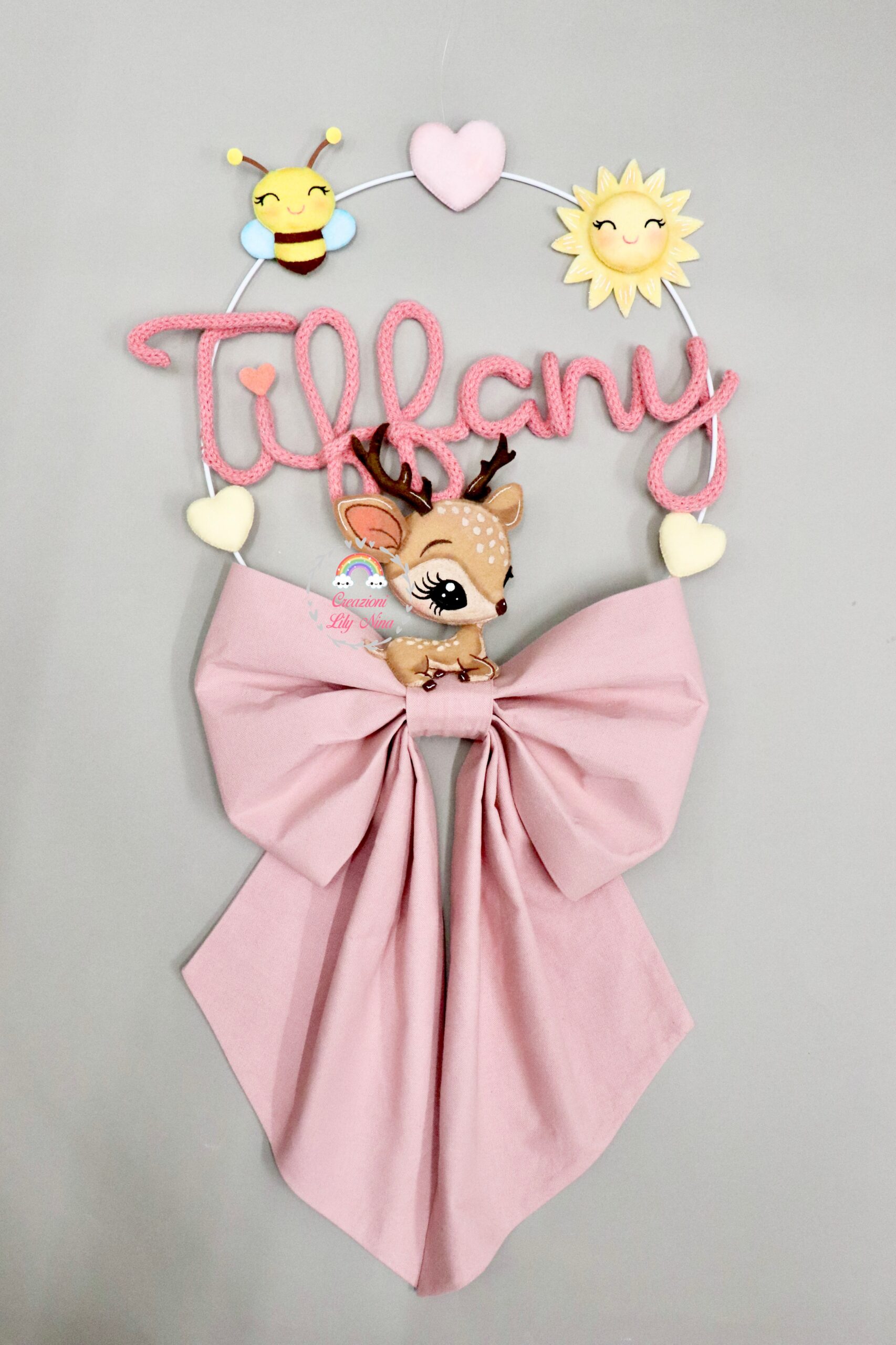 Fiocco nascita cerbiatta con nome Tiffany in tricotin 