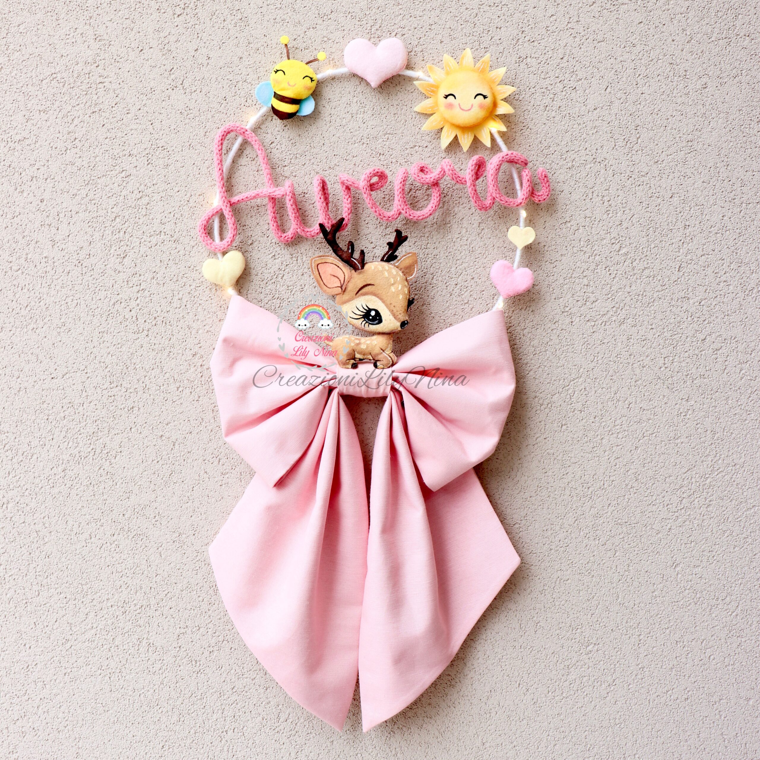 Fiocco nascita cerbiatto con nome Aurora in tricotin 