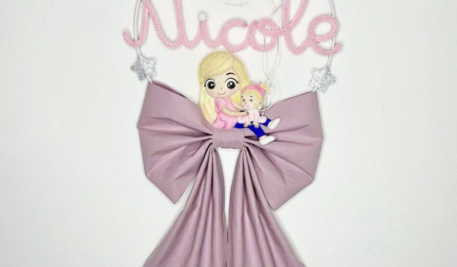Fiocco nascita tricotin sorelle con nome Nicole