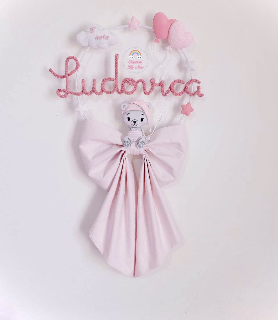 Fiocco nascita tricotin orsetta personalizzato nome Ludovica fatto a mano