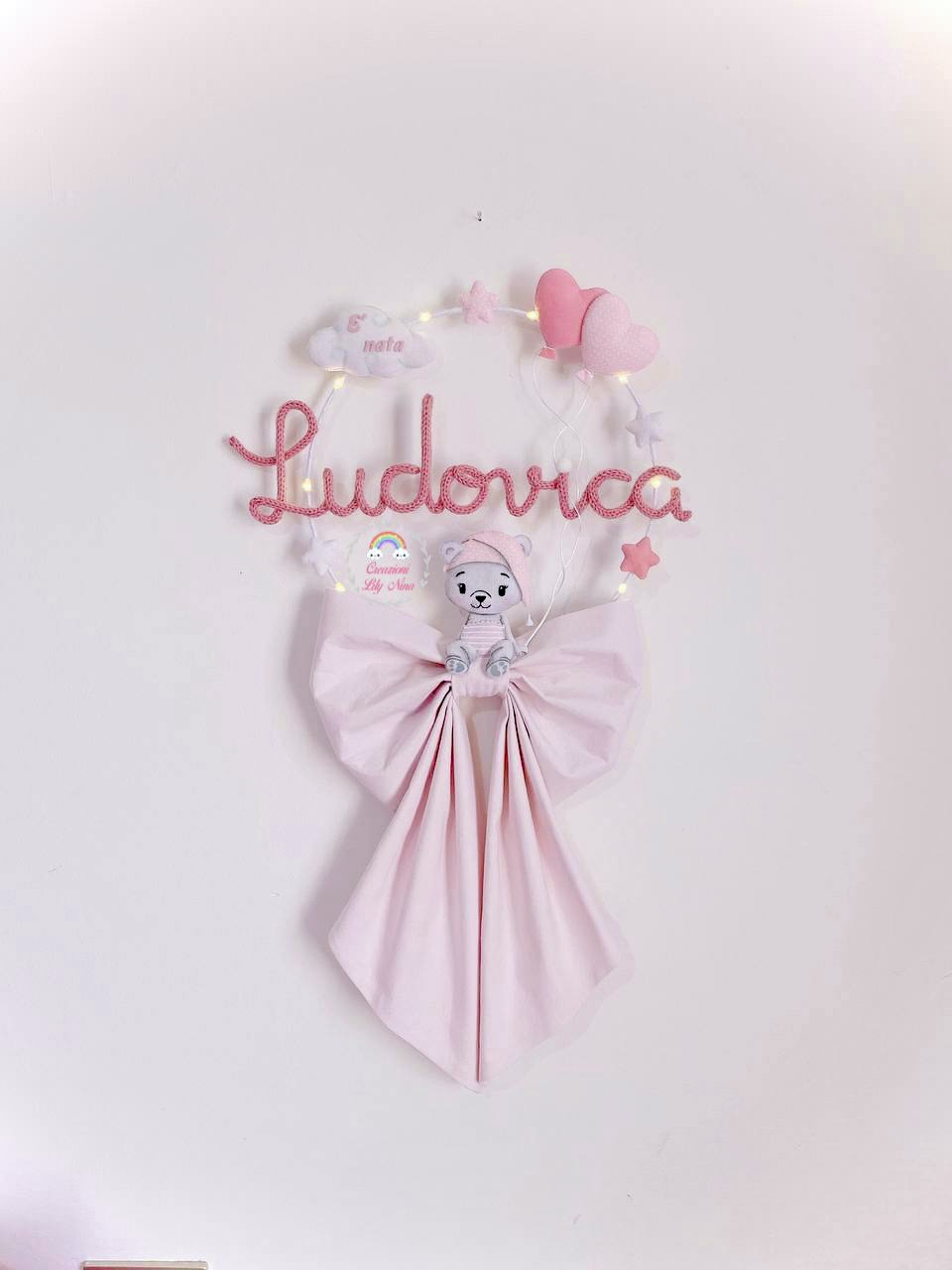 Fiocco nascita tricotin orsetta personalizzato con nome Ludovica 