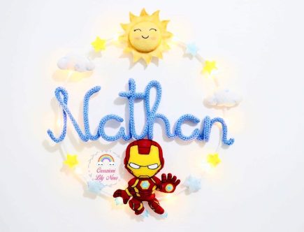 Fiocco nascita tricotin Iron man con nome Nathan