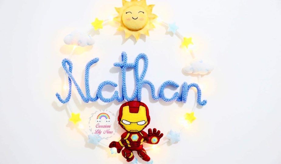 Fiocco nascita tricotin Iron man con nome Nathan
