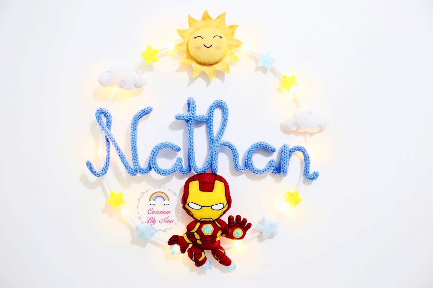 Fiocco nascita tricotin Iron man con nome Nathan