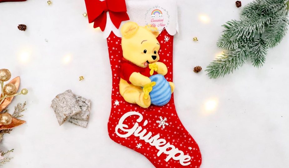 Calza Befana natalizia Winnie The Pooh personalizzato con nome in feltro pannolenci