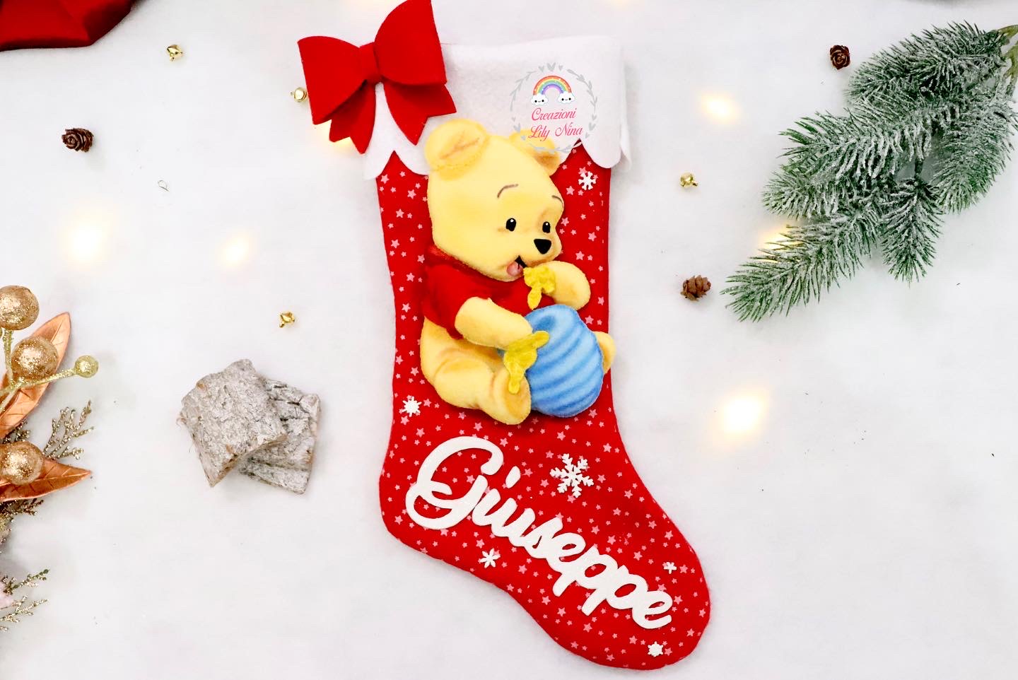 Calza Befana natalizia Winnie The Pooh personalizzato con nome in feltro pannolenci 