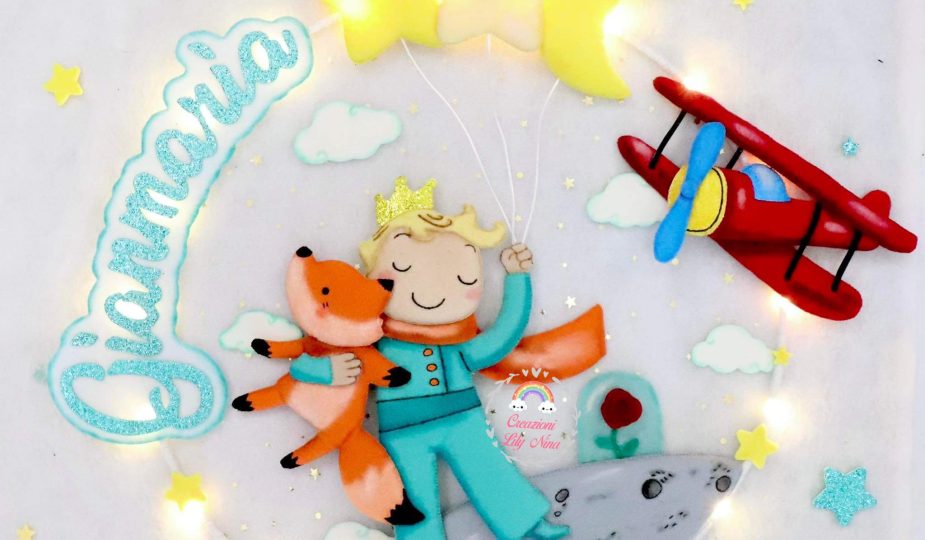 Fiocco nascita piccolo principe con i palloncini,volpe,aereo e rosa