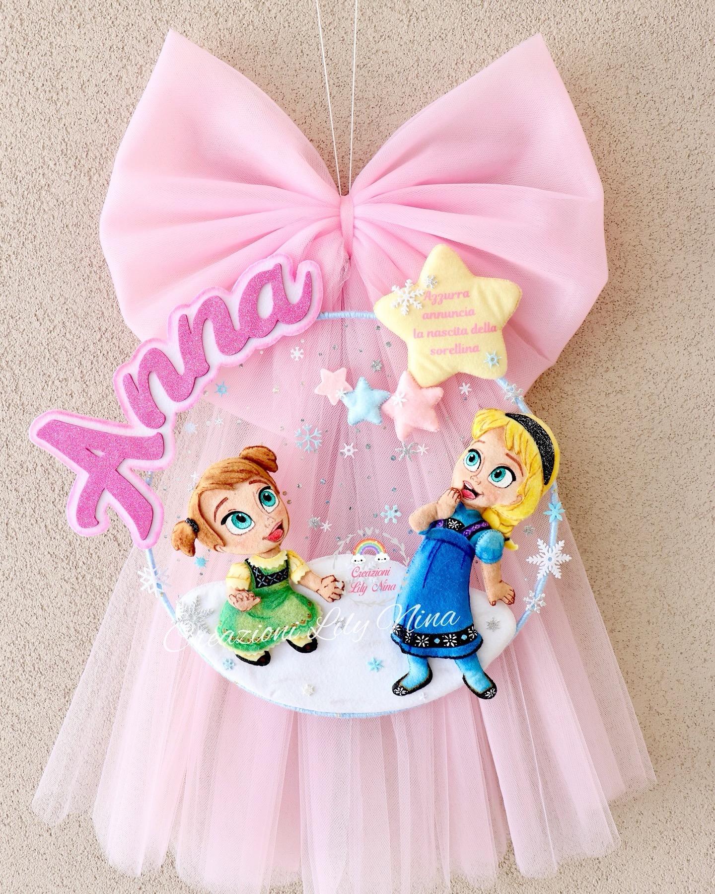 Fiocco nascita Frozen Elsa, Anna fatto a mano in feltro pannolenci 