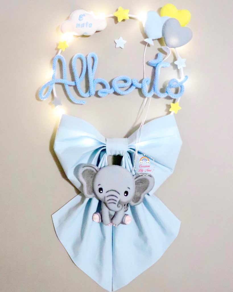 Fiocco nascita Elefante in tricotin con nome Alberto fatto a mano