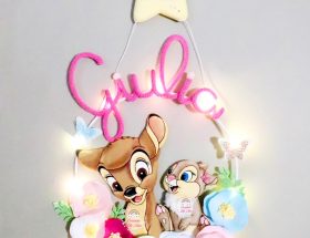 Fiocco nascita Bambi e coniglietta in tricotin con nome Giulia