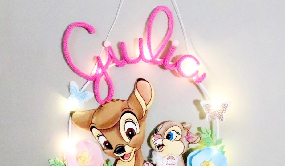 Fiocco nascita Bambi e coniglietta in tricotin con nome Giulia