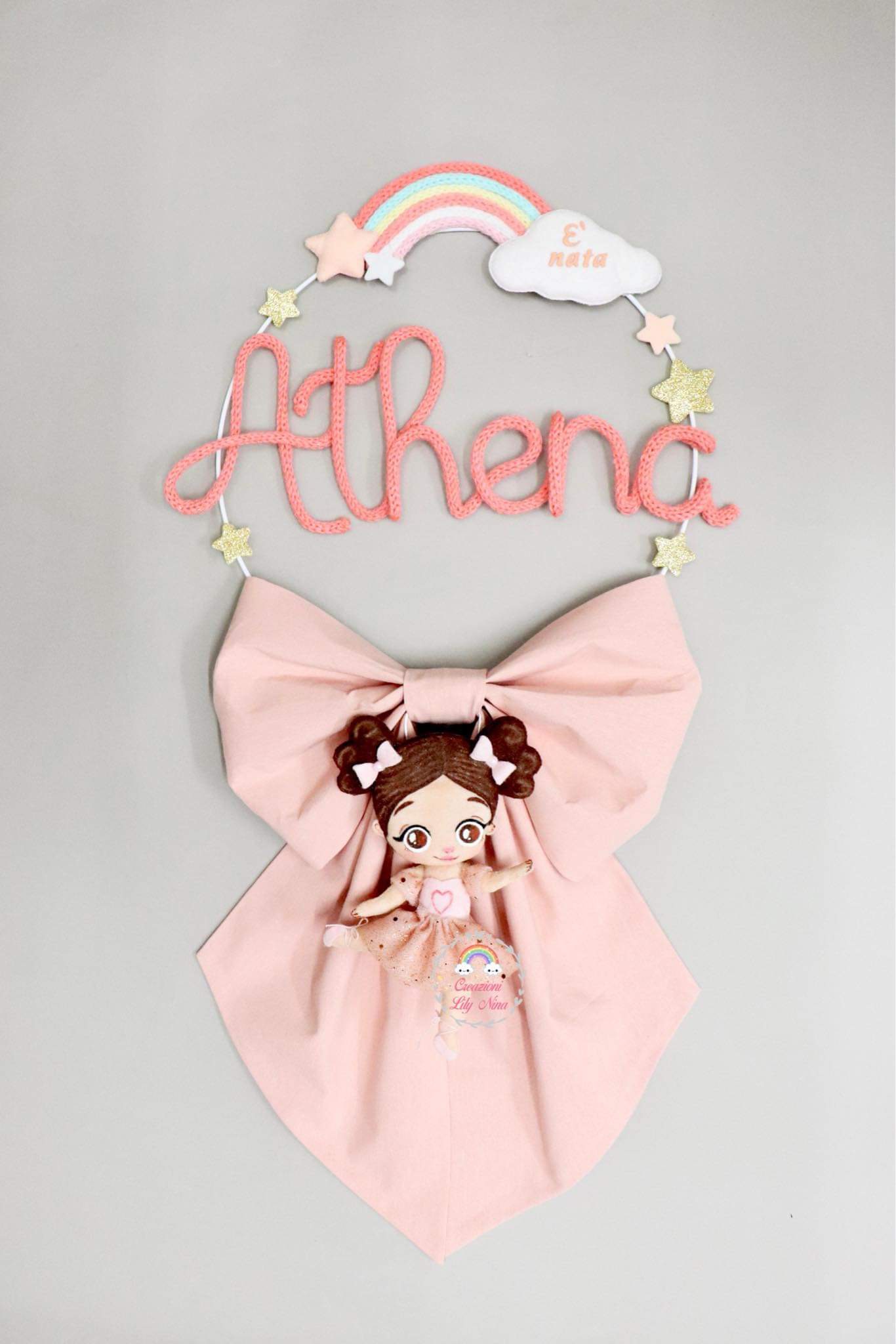 Fiocco nascita ballerina con nome Athena in tricotin 