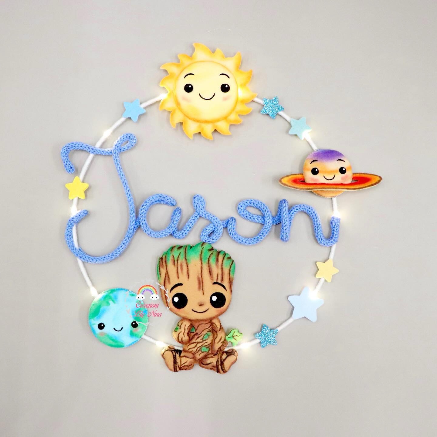 Fiocco nascita Groot con nome Jason in tricotin feltro pannolenci 