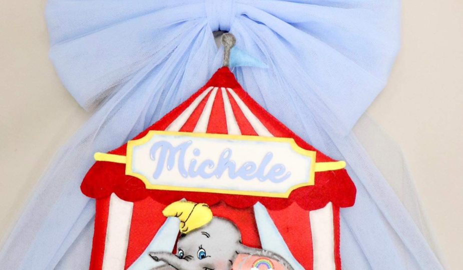 Fiocco nascita Dumbo nome Michele con fiocco in tulle