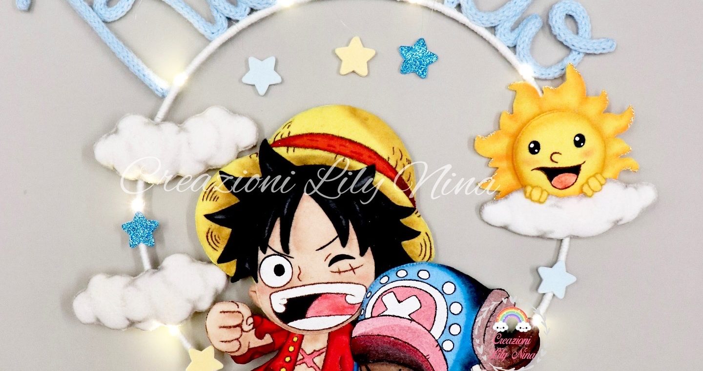 Fiocco nascita One Piece con Rufy e Chopper nome Riccardo in tricotin