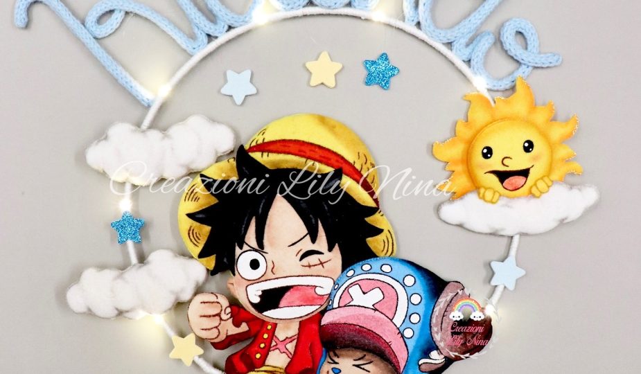 Fiocco nascita One Piece con Rufy e Chopper nome Riccardo in tricotin