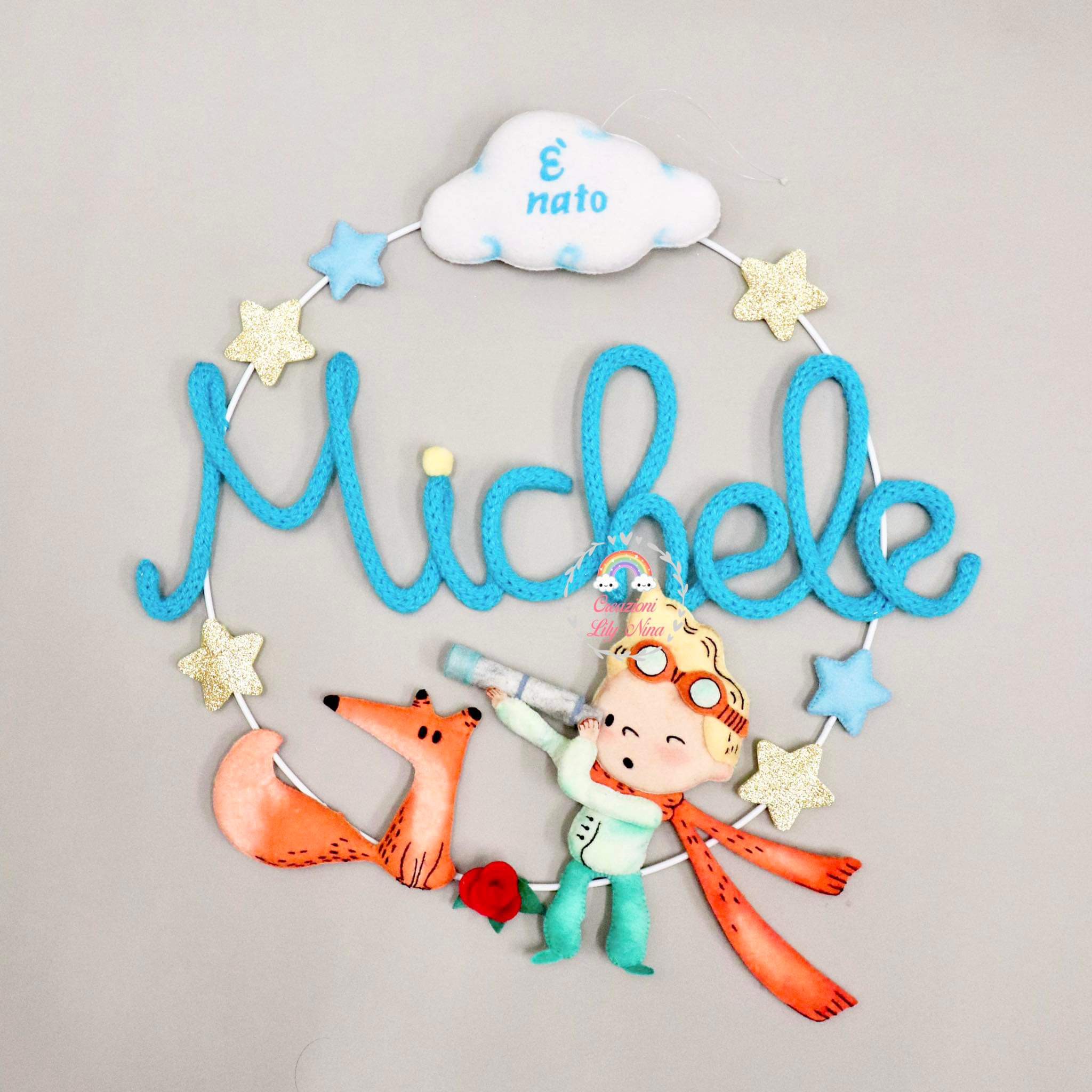 Fiocco Nascita Personalizzato - Cuore Piccolo Principe In Tulle Azzurro