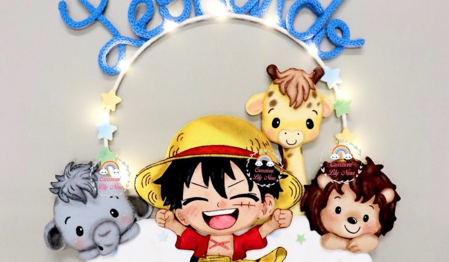 Fiocco nascita Safari e Rufy One piece con nome Leonardo in tricotin feltro pannolenci