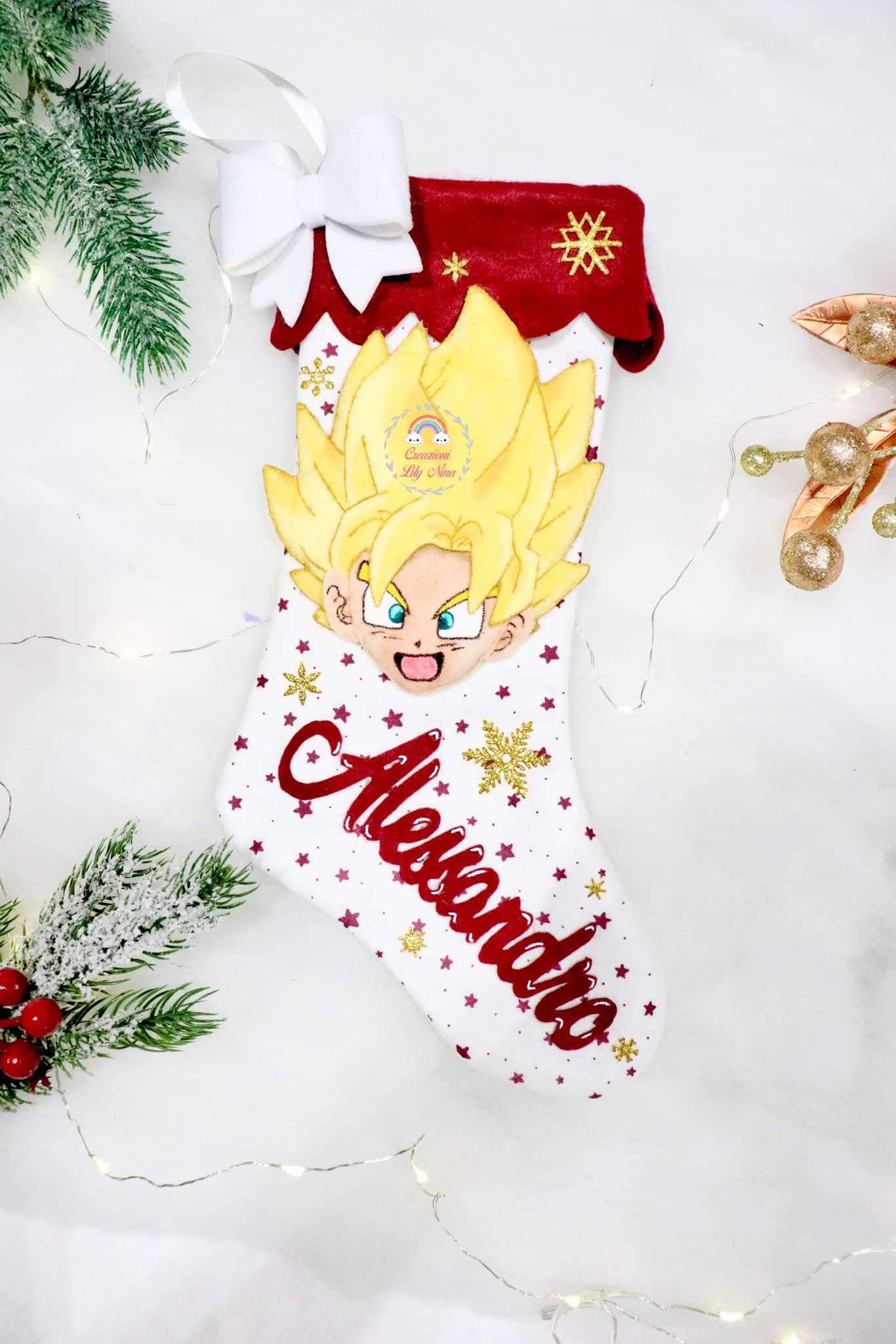 Calza befana natalizia Goku nome Alessandro feltro pannolenci diy idee regalo 