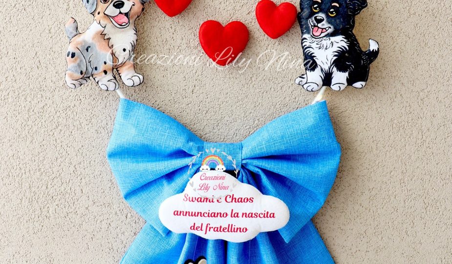 Fiocco nascita a tema, con i cani Border Collie e Pastore Australiano Blue Merle Diy handmade