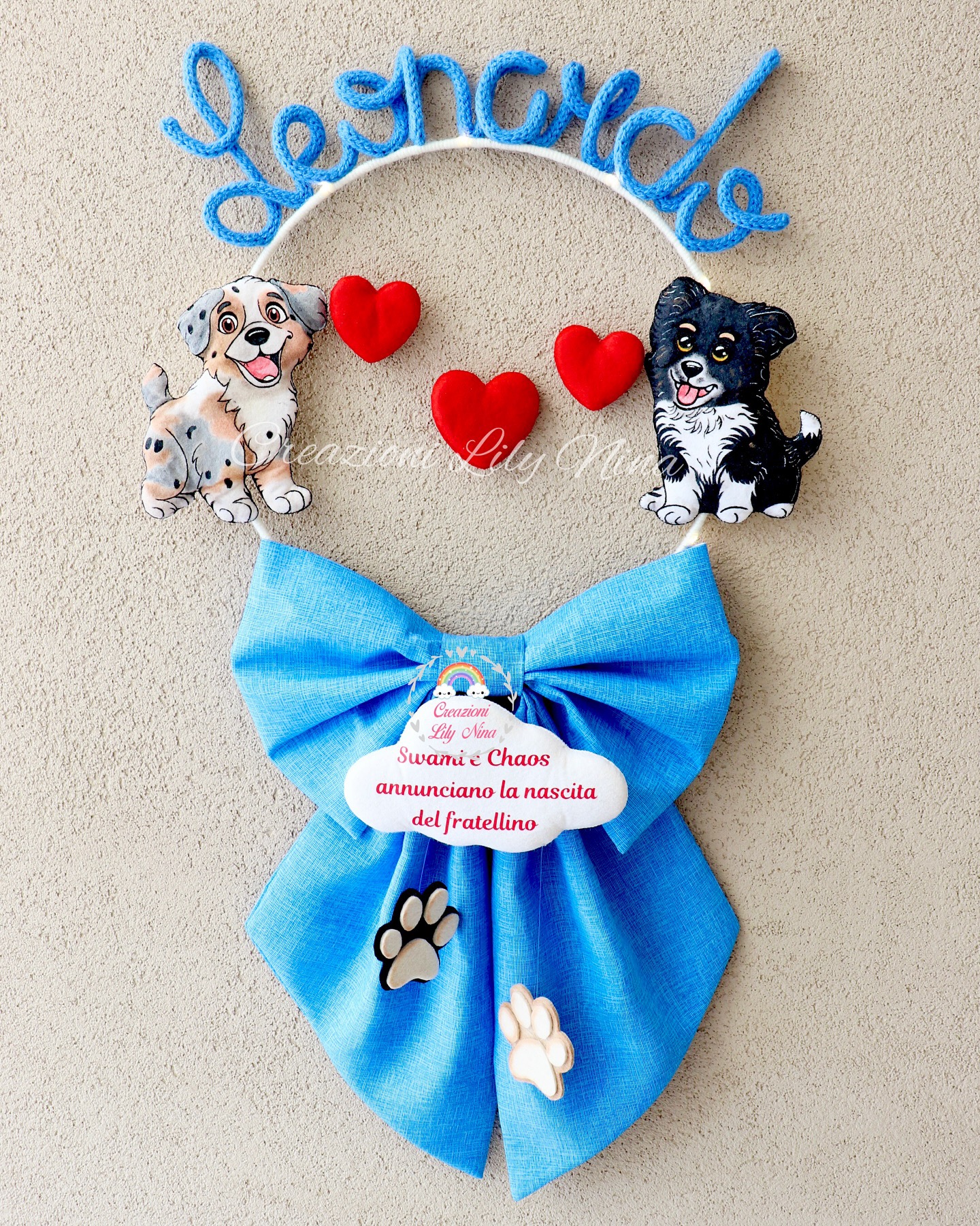 Fiocco nascita a tema, con i cani Border Collie e Pastore Australiano Blue Merle Diy handmade