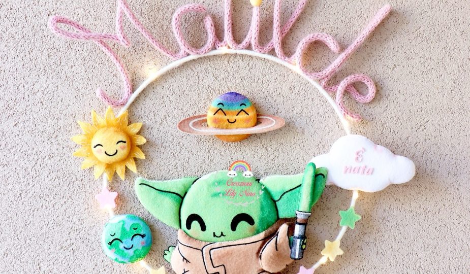 Fiocco nascita Yoda di Star Wars con nome Matilde in tricotin feltro pannolenci