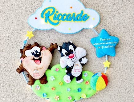 Fiocco nascita Looney Tunes gatto silvestro e Tazmania con nome Riccardo fatto a mano