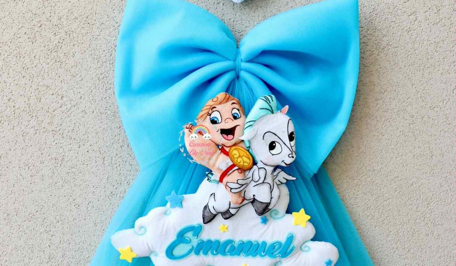 Fiocco nascita Hercules e Pegaso con nome Emanuel in feltro pannolenci