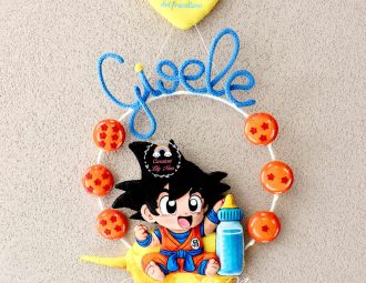 Fiocco nascita Dragon Ball con Baby Goku, nome Gioele in tricotin