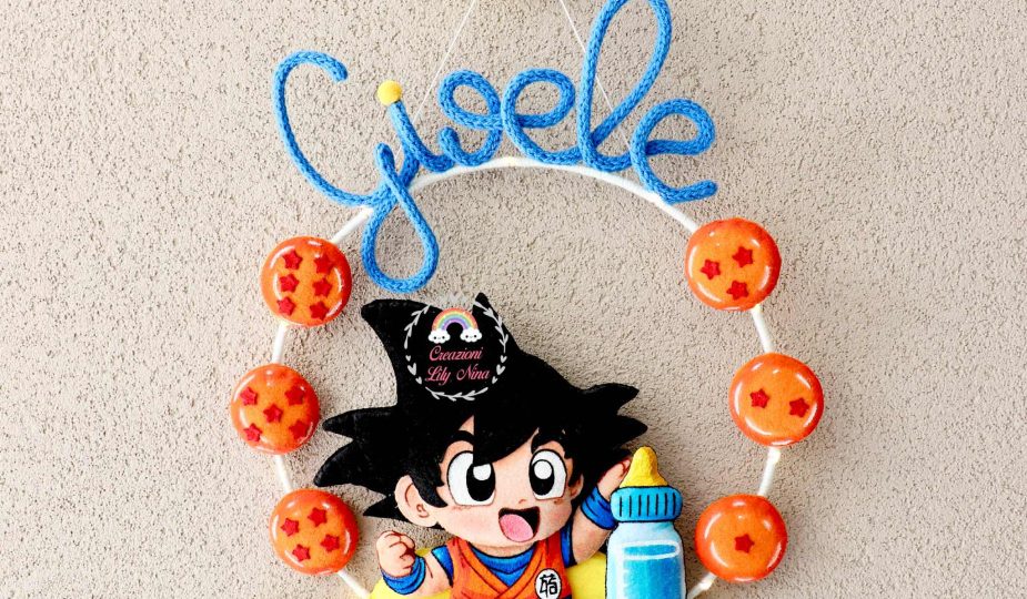 Fiocco nascita Dragon Ball con Baby Goku, nome Gioele in tricotin