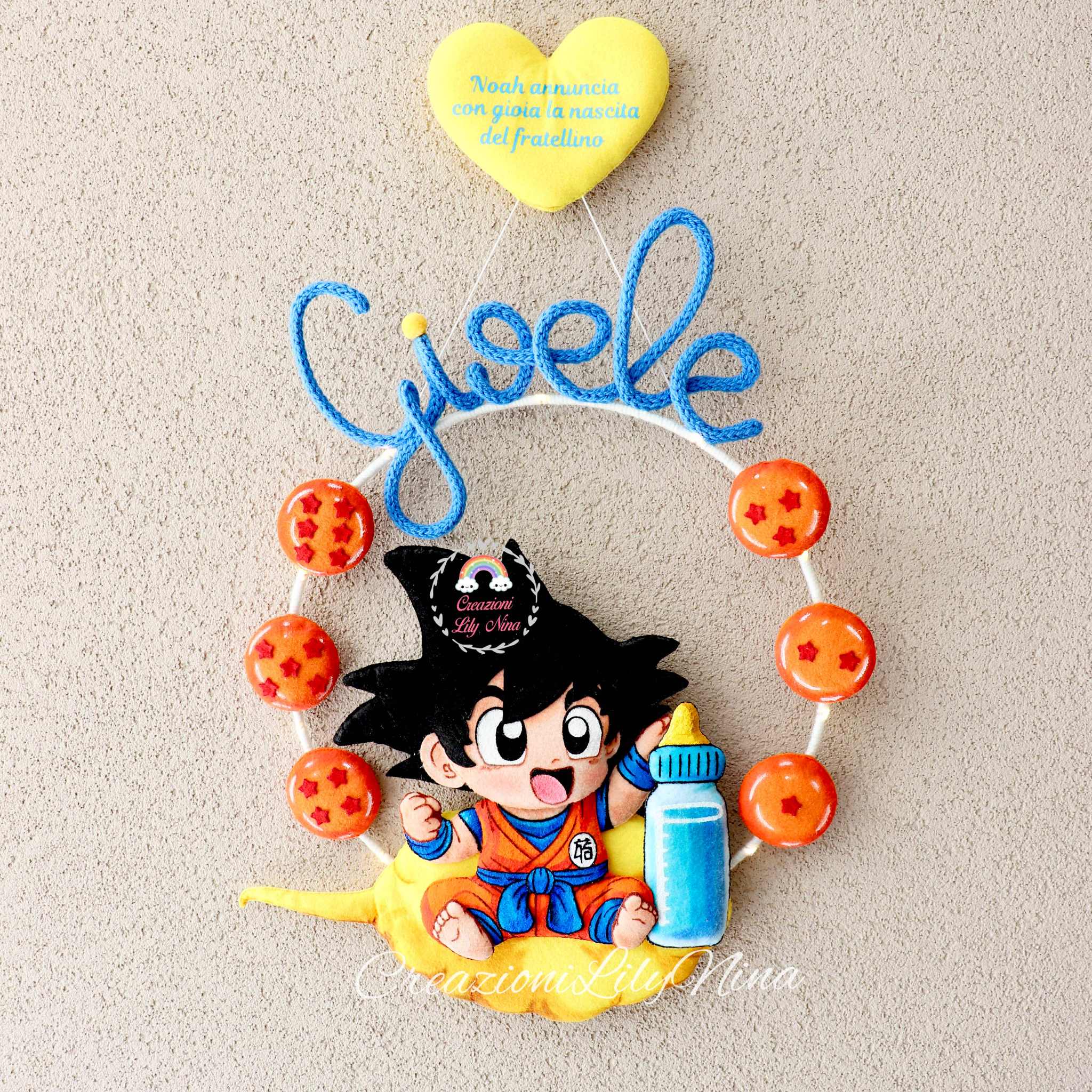 Fiocco nascita Dragon Ball con Baby Goku, nome Gioele in tricotin 