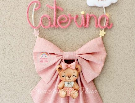 Fiocco nascita orsetta con nome Caterina in tricotin feltro pannolenci diy handmade