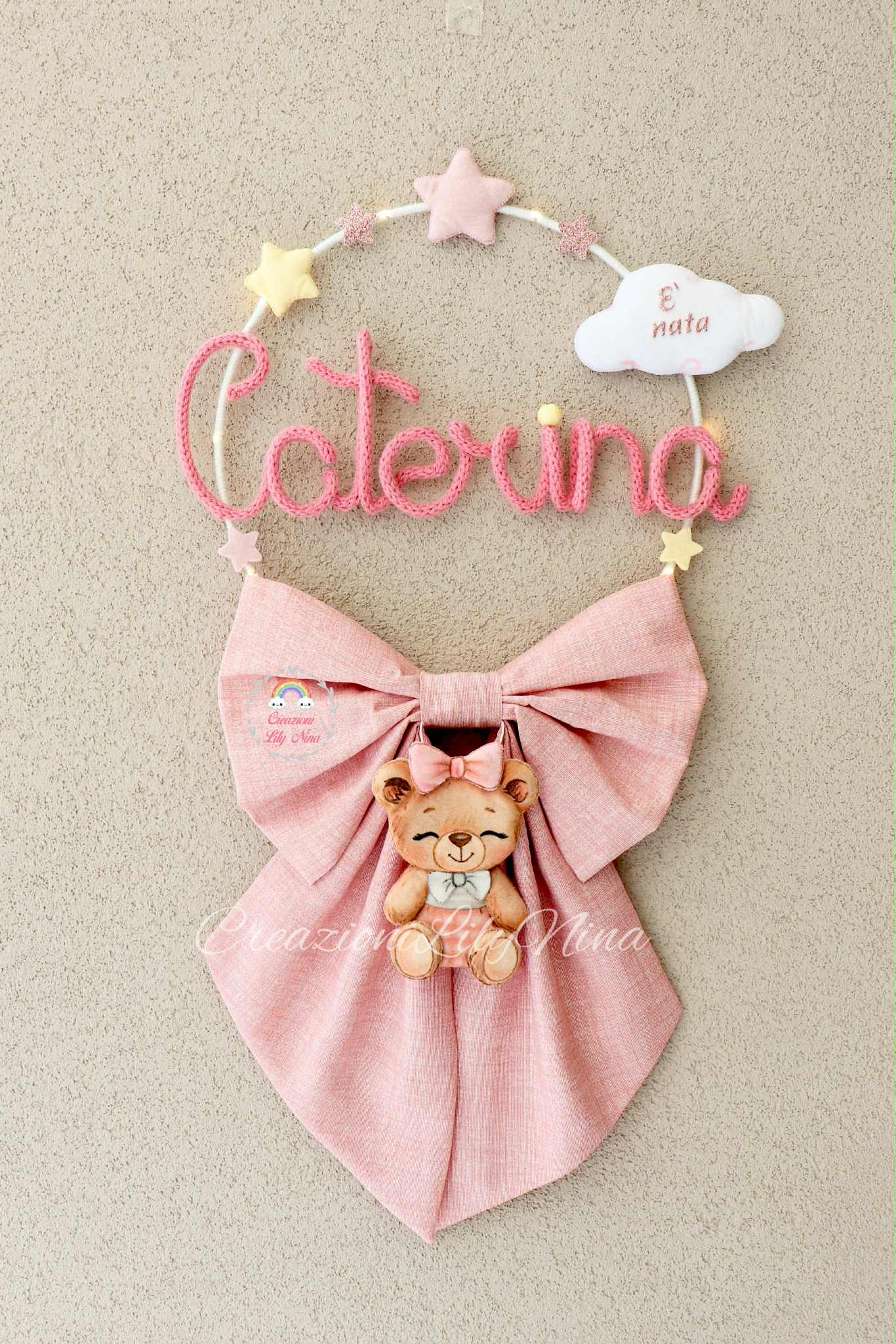 Fiocco nascita orsetta con nome Caterina in tricotin feltro pannolenci diy handmade