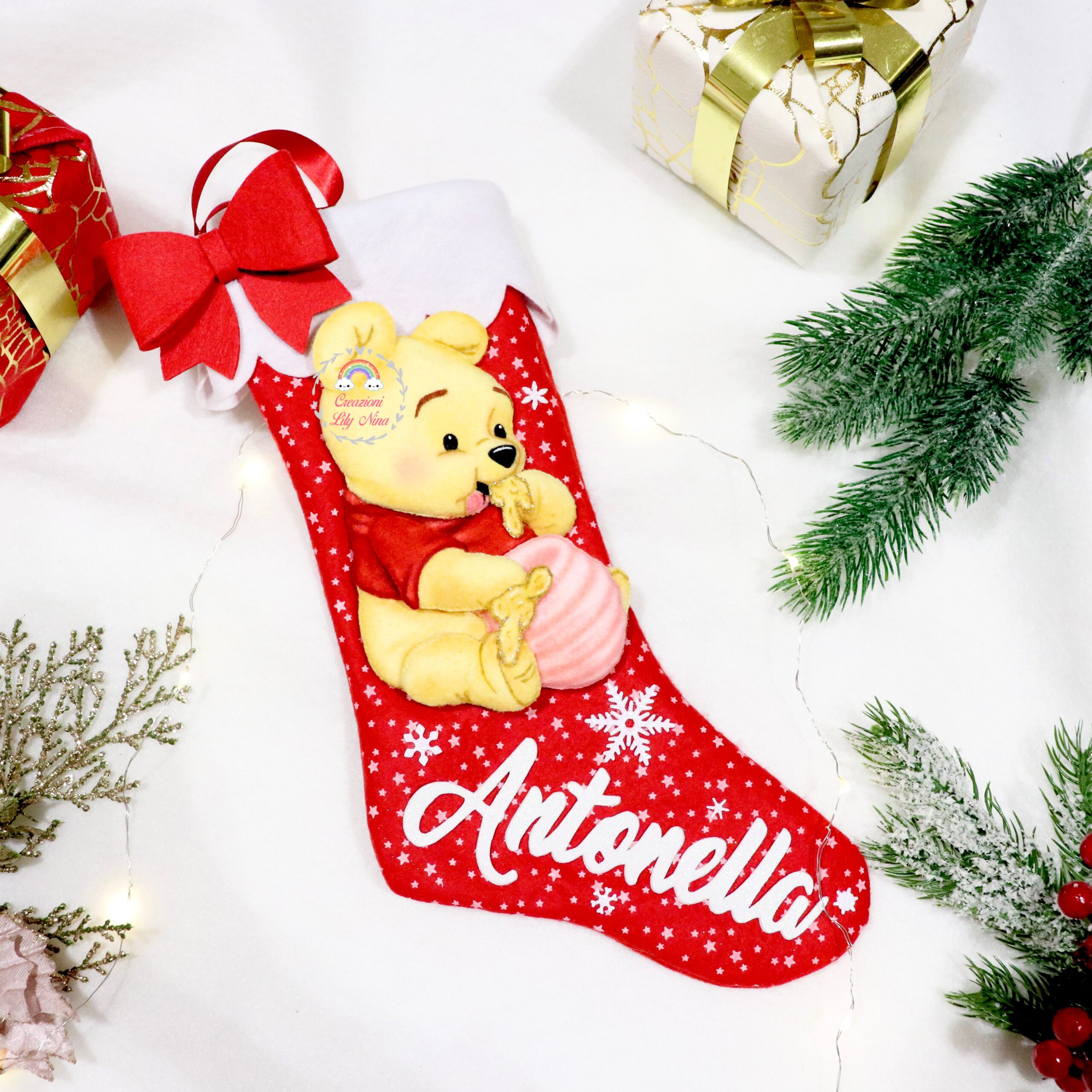 Calza Natale Befana Winnie the Pooh fatta a mano in feltro, pannolenci diy handmade