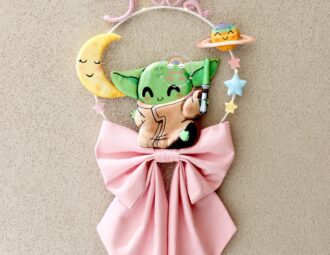 Fiocco nascita baby Yoda con nome Iris in tricotin, feltro pannolenci fatto a mano diy handmade
