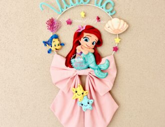 Fiocco nascita sirenetta Ariel con nome Vittoria in tricotin, feltro, pannolenci diy