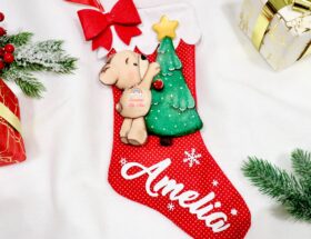Calza Natale befana orsetto con l’albero di Natale personalizzata con nome Amelia