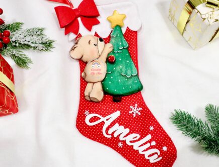 Calza Natale befana orsetto con l’albero di Natale personalizzata con nome Amelia
