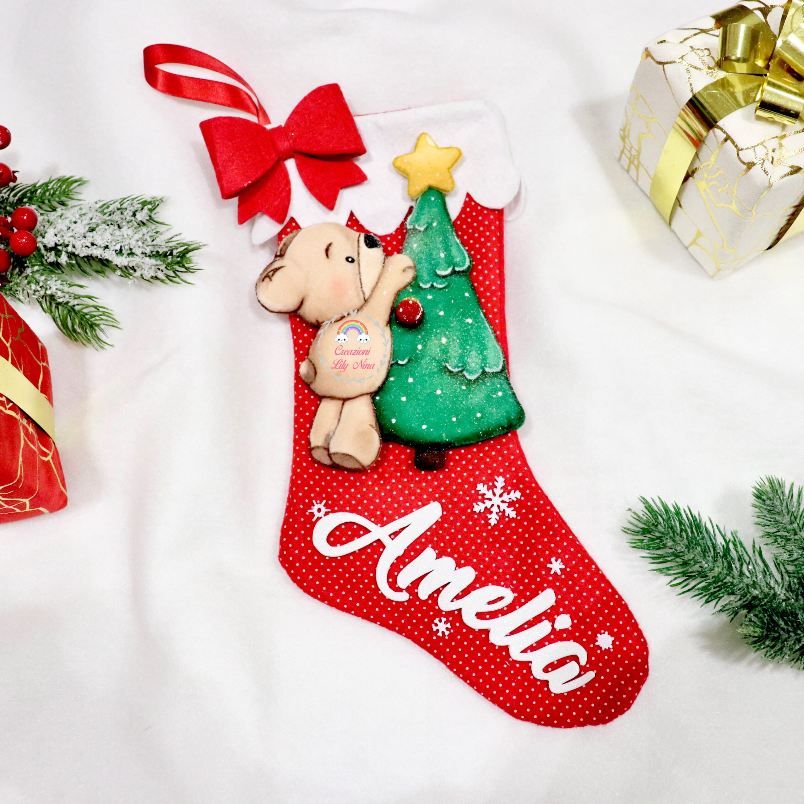 Calza Natale befana orsetto con l’albero di Natale personalizzata con nome Amelia 