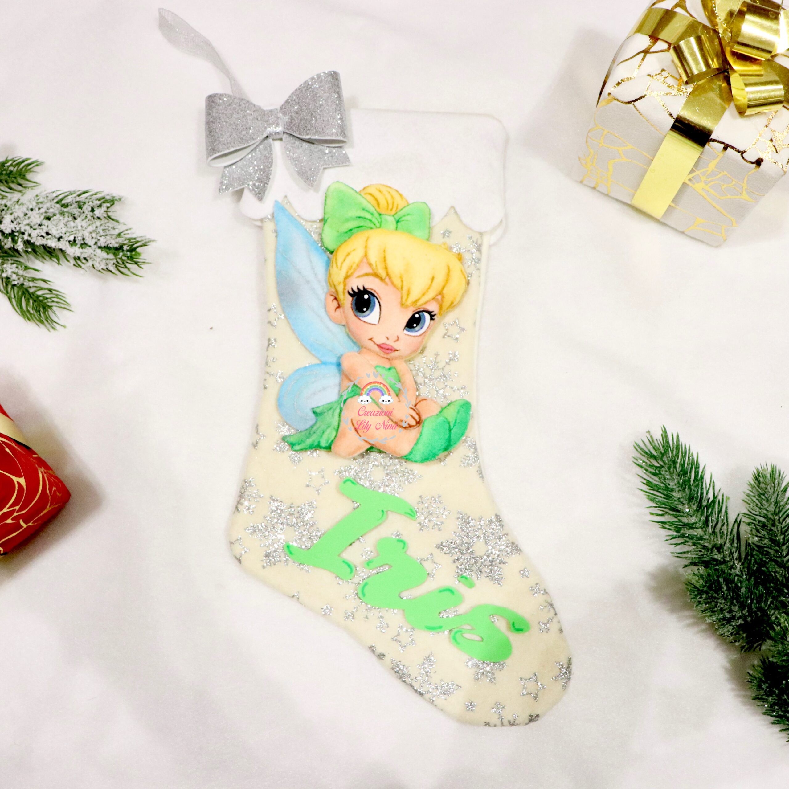 Calza natalizia befana Trilly con nome Iris personalizzata