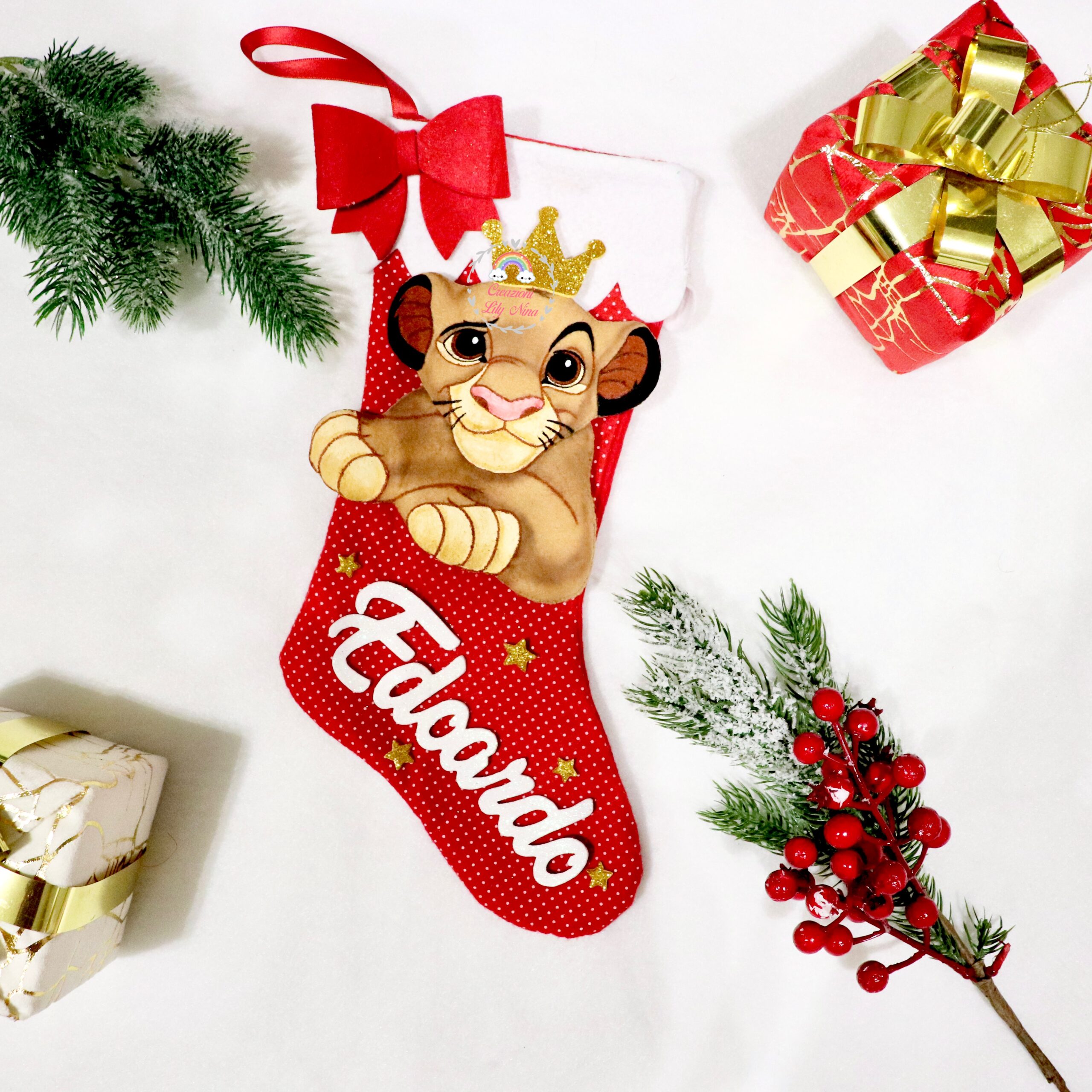Calza natalizia befana Simba Re Leone con nome Edoardo in feltro pannolenci idee regalo