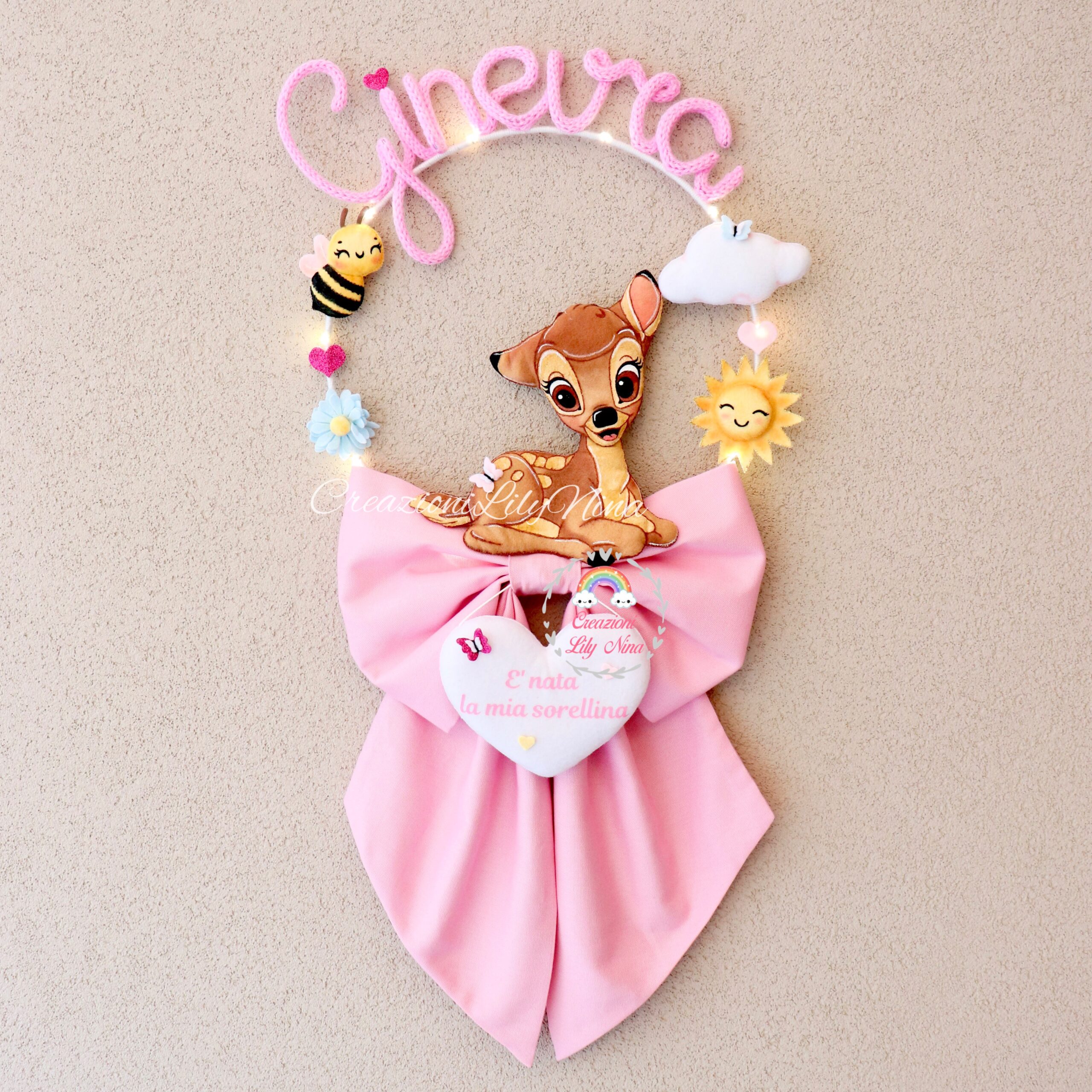 Fiocco nascita Bambi in tricotin con nome Ginevra fatto a mano 