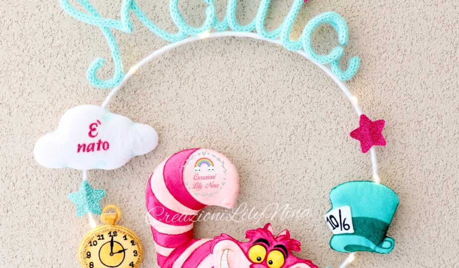 Fiocco nascita stregatto con nome Mattia in tricotin