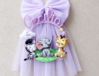 Fiocco nascita Safari con nome Cecilia in tricotin